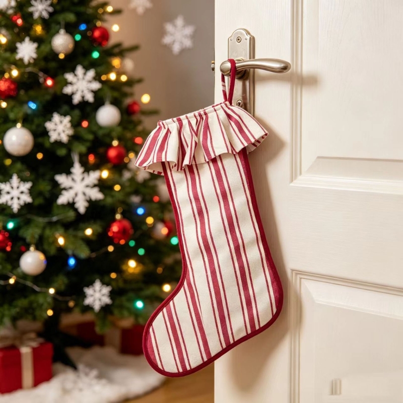 Christmas Stocking Hanging - クリスマス ストッキング 黄麻布 テクスチャード トップ フリル