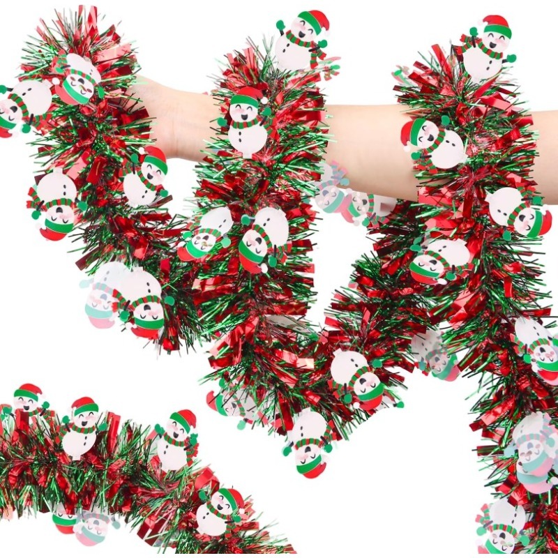 Tinsel Garland Decoration - 2M レッドグリーンクリスマスティンセルガーランド、雪だるまオーナメント付き、メタリッククリスマスツリーガーランドデコレーション、屋内屋外用