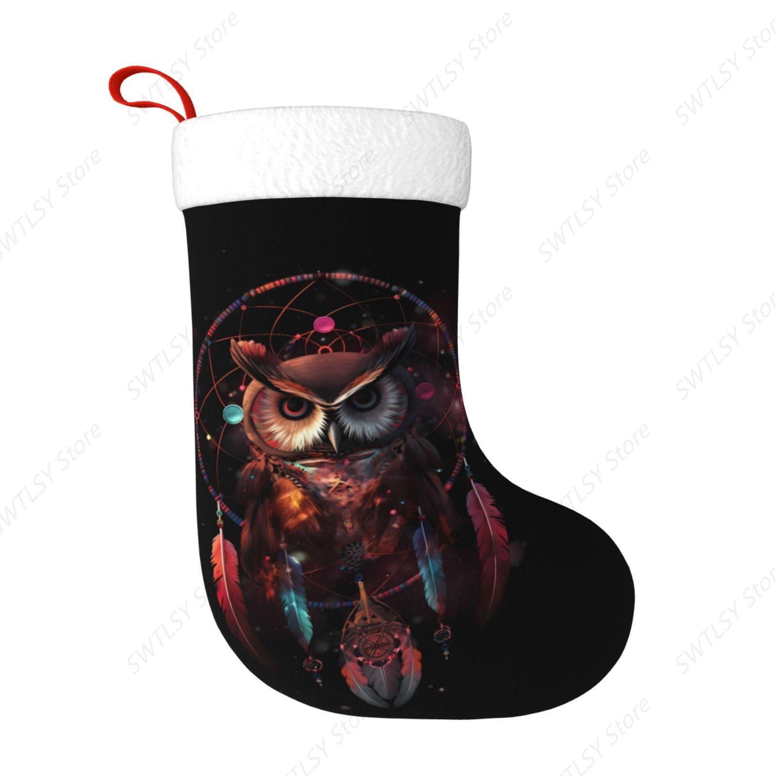 Christmas Stocking Hanging - フクロウのレインボーキャッチャー、大きなクリスマスストッキング、17.7インチ、クリスマスストッキング、暖炉に吊るす、クリスマスの家族の装飾に
