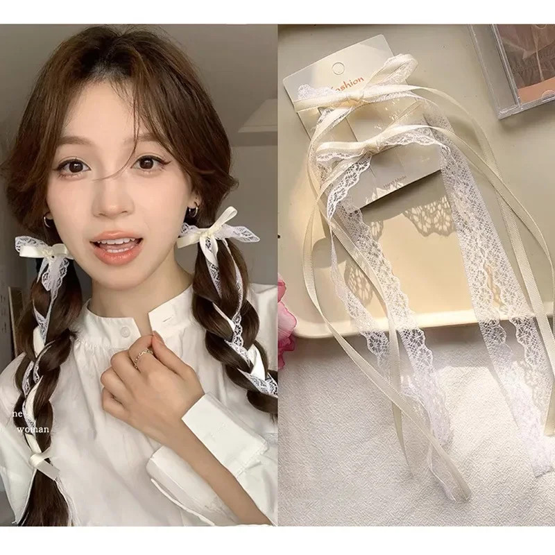Ribbon Bow Gift - 2 個韓国レース白弓リボンヘアクリップ女性のためのちょう結びヘアピンヘアピンかぶとギフト繊細なポニーテールサイドアクセサリー