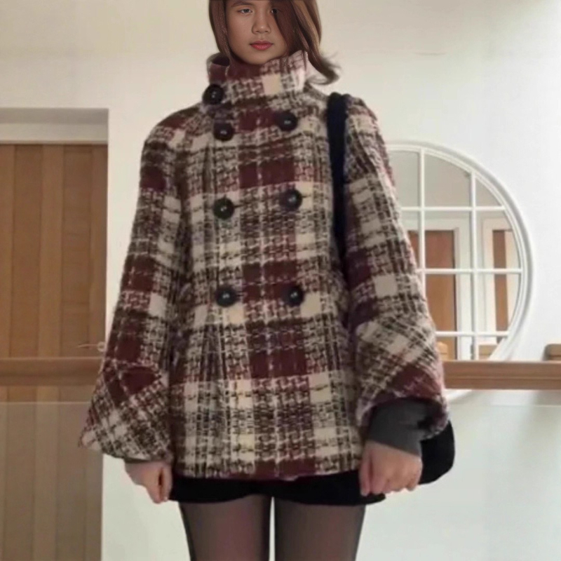 Christmas Throw Blanket - 暖かいチェック柄タートルネックショルダーストレートコート女性ダブルブレストフルスリーブミドルロングコートレディース秋冬シックなコート