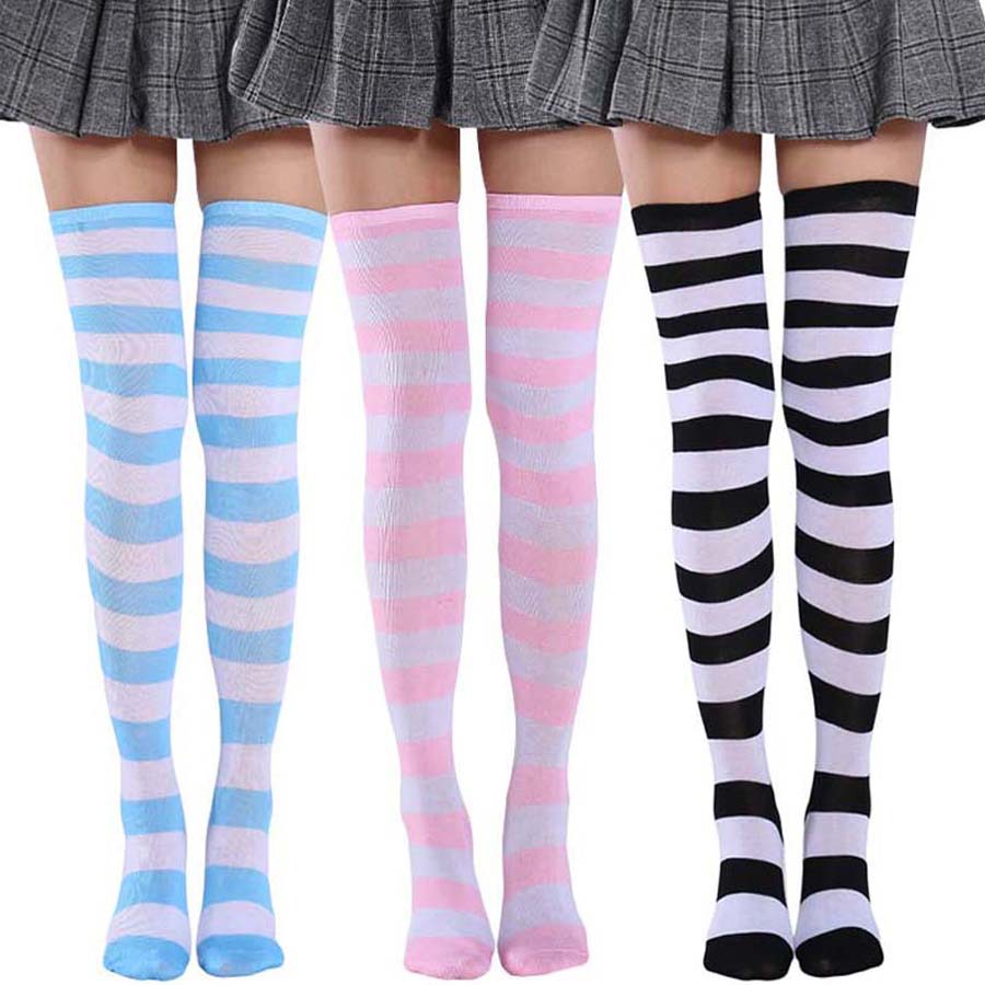 かわいいピンクブルーロリータストライプストッキング女性のため - Christmas Stocking Hanging のレビューと価格